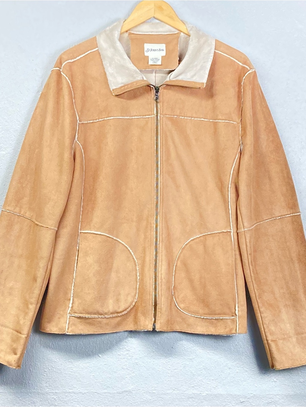 Vtg St. John's Bay Tan Suede Zip Jacket with Cream Collar